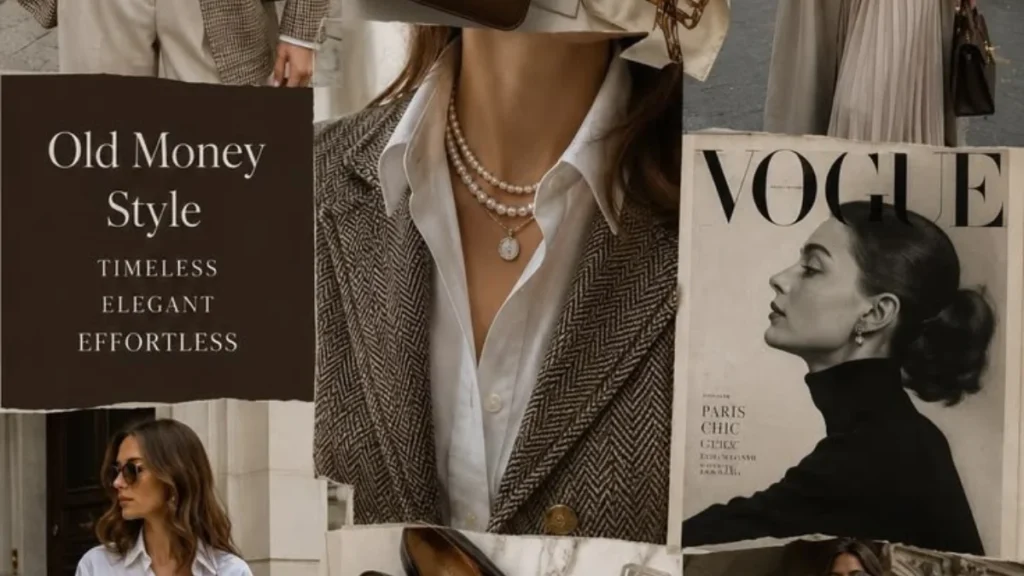 A vintage aesthetic mood board featuring classic tailored tweed blazers, double-strand pearl necklaces, white button-down shirts, and a Vogue magazine cover displaying quiet luxury, perfect for highlighting top old money fashion brands.