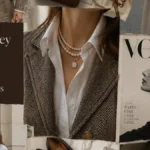 A vintage aesthetic mood board featuring classic tailored tweed blazers, double-strand pearl necklaces, white button-down shirts, and a Vogue magazine cover displaying quiet luxury, perfect for highlighting top old money fashion brands.