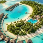 An aerial view of a tropical luxury resort featuring overwater bungalows, sandy beaches, and crystal-clear turquoise waters, highlighting one of the best private island resorts.