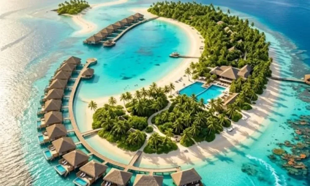 An aerial view of a tropical luxury resort featuring overwater bungalows, sandy beaches, and crystal-clear turquoise waters, highlighting one of the best private island resorts.