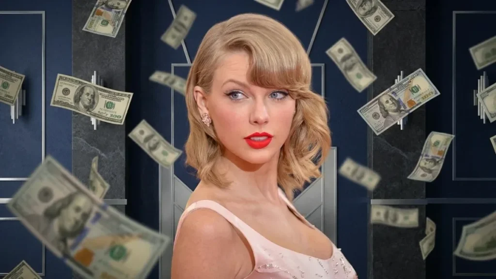 Portrait of billionaire singer Taylor Swift with money falling around her for taylor swift networth 2026