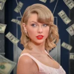 Portrait of billionaire singer Taylor Swift with money falling around her for taylor swift networth 2026